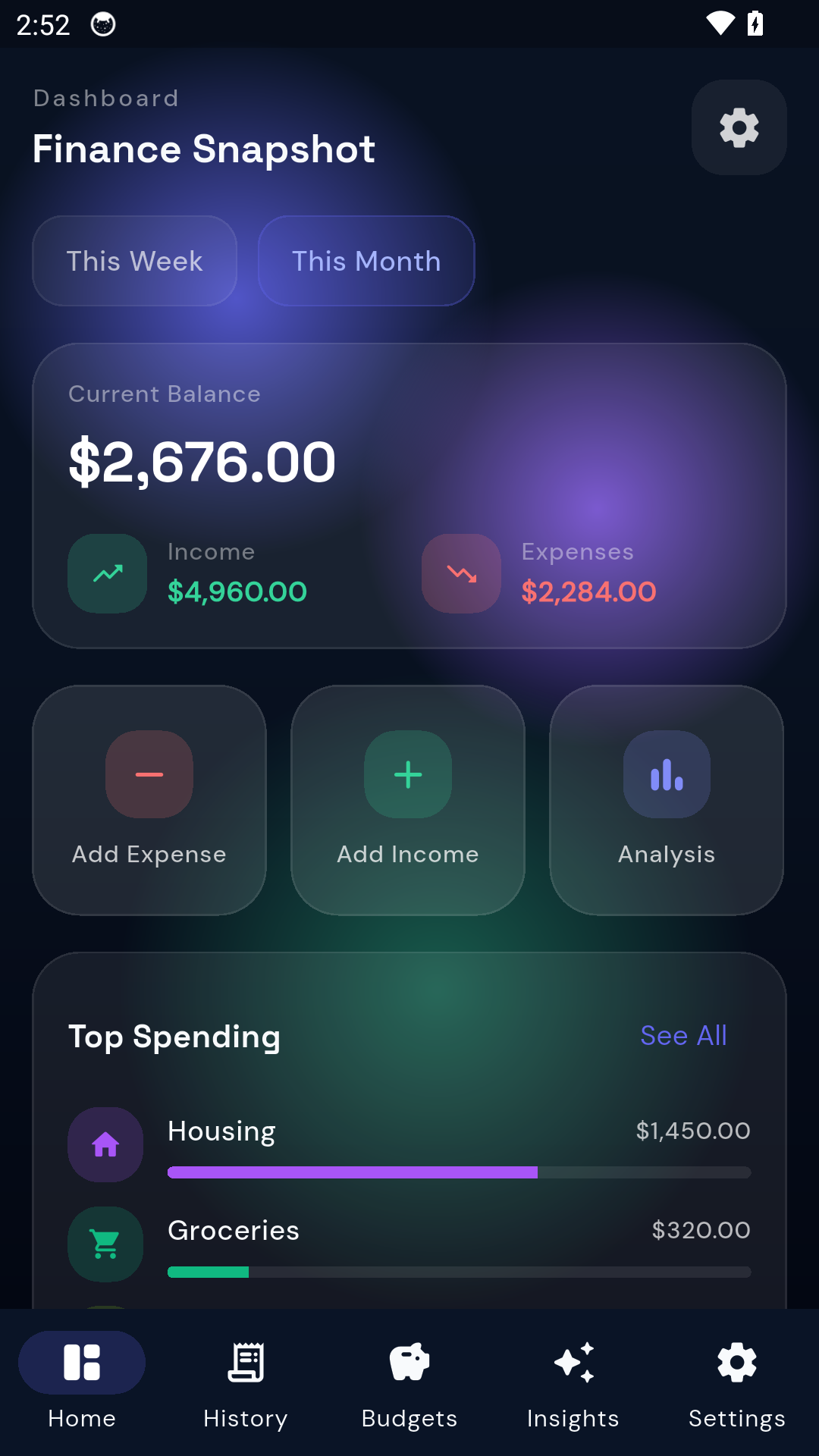 Finance Snapshot dashboard screen
