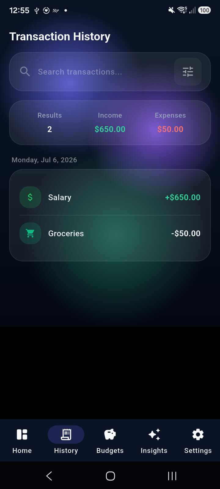Finance Snapshot transaction history screen